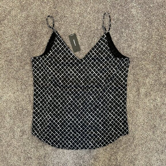 Express Women’s Printed V-Neck Downtown Cami Black Print Size XS NWT $44 - Picture 10 of 16